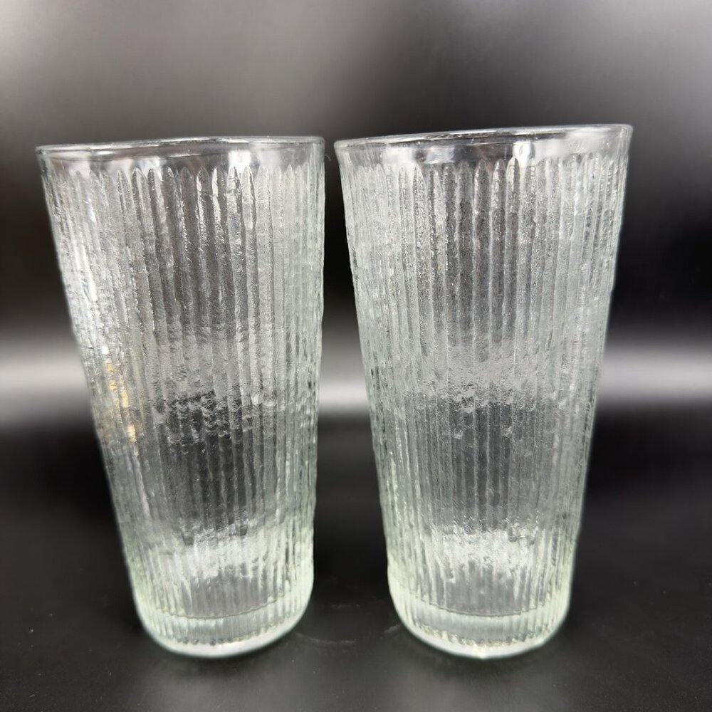 Jeannette Glass Finlandia Tree Bark Clear 12oz Highball Glasses Cups Set 2‎ VTG